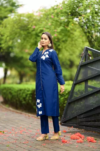 Nikhaar  blue hand embroidery art silk straight cut kurta &