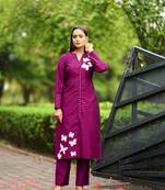 Nikhaar  dark-pink hand embroidery art silk straight cut kurta &