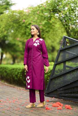 Nikhaar  dark-pink hand embroidery art silk straight cut kurta & 2
