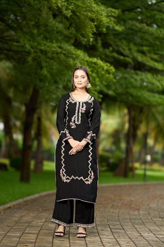 Nikhaar  black hand embroidery art silk straight cut kurta &