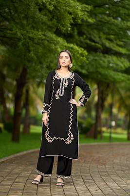 Nikhaar  black hand embroidery art silk straight cut kurta & 2