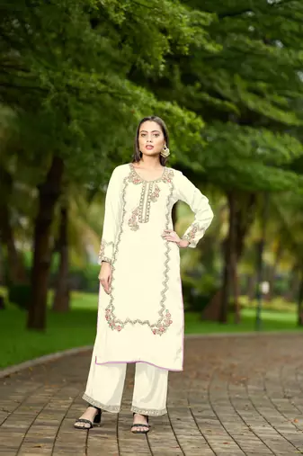 Nikhaar  cream hand embroidery art silk straight cut kurta &