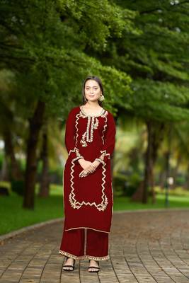 Nikhaar  maroon hand embroidery art silk straight cut kurta & 1