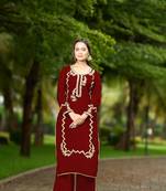Nikhaar  maroon hand embroidery art silk straight cut kurta &