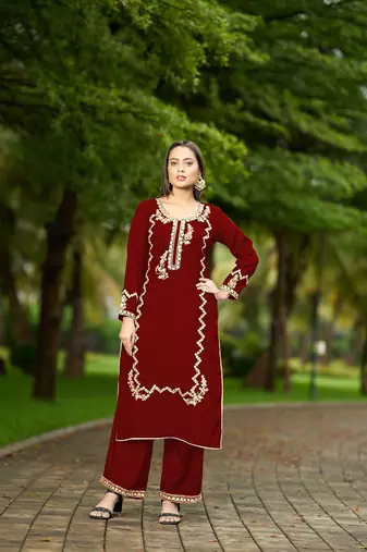 Nikhaar  maroon hand embroidery art silk straight cut kurta &