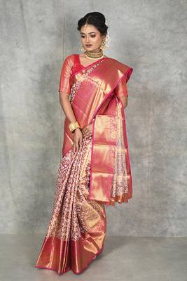 Pink zari woven art silk kanchipuram saree with blouse 1