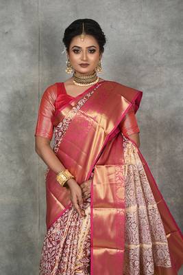 Pink zari woven art silk kanchipuram saree with blouse 2