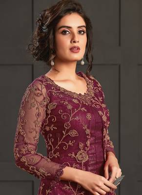 Wine heavy net embroiderd pakistani suit 2