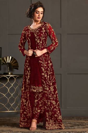 Maroon heavy net embroiderd pakistani suit