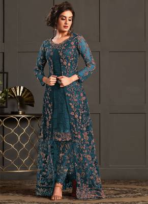 Turquoise heavy net embroiderd pakistani suit 1