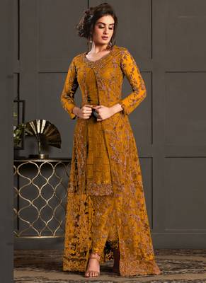 Mustard heavy net embroiderd pakistani suit 1