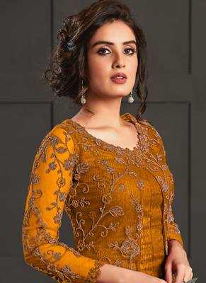 Mustard heavy net embroiderd pakistani suit 2