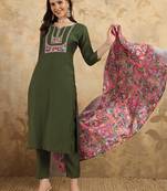 Women's Chanderi Embroidered Straight Kurta with Pant And Dupatta Set