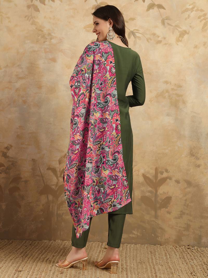 Women's Chanderi Embroidered Straight Kurta with Pant And Dupatta Set