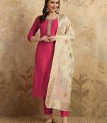 Women's Chanderi Embroidered Straight Kurta with Pant And Dupatta Set
