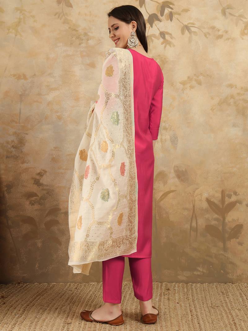 Women's Chanderi Embroidered Straight Kurta with Pant And Dupatta Set