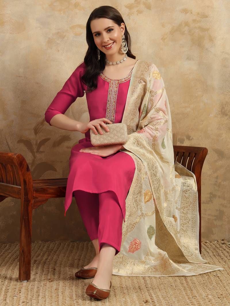 Women's Chanderi Embroidered Straight Kurta with Pant And Dupatta Set