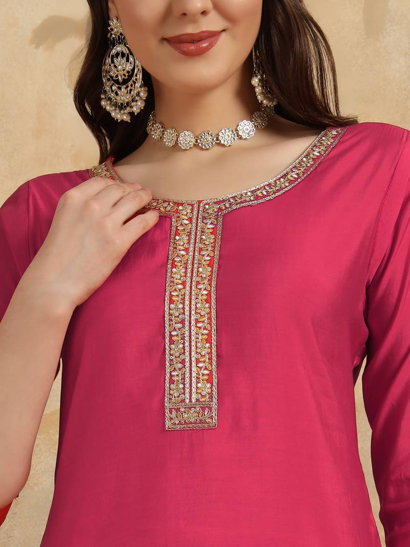 Women's Chanderi Embroidered Straight Kurta with Pant And Dupatta Set