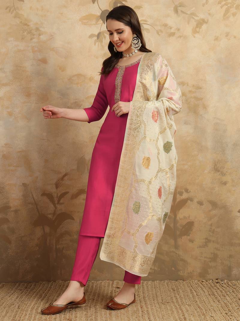 Women's Chanderi Embroidered Straight Kurta with Pant And Dupatta Set