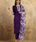 Women's Chanderi Embroidered Straight Kurta with Pant And Dupatta Set
