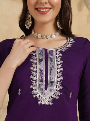 Women's Chanderi Embroidered Straight Kurta with Pant And Dupatta Set 4