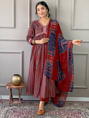 Women's Maroon Cotton Printed Straight Kurta with Pant And Dupatta Set  1