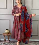 Women's Maroon Cotton Printed Straight Kurta with Pant And Dupatta Set 