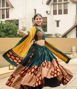 Green Cotton Printed Navratri Lehenga