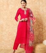 Women's Gajari Viscose Embroidered Straight Kurta with Pant And Dupatta Set 