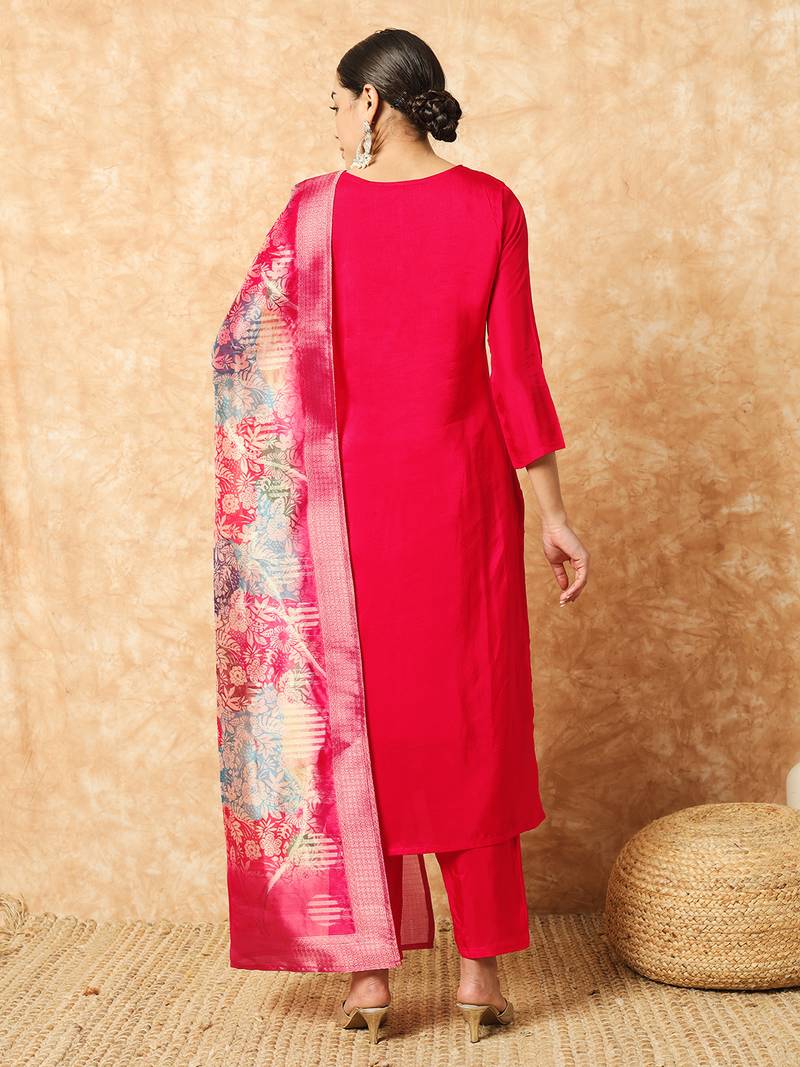 Women's Gajari Viscose Embroidered Straight Kurta with Pant And Dupatta Set 