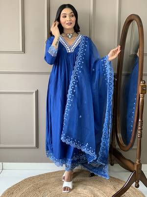 Women's Blue Silk Thread Work Straight Kurta with Pant And Dupatta Set  1