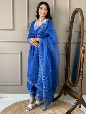 Women's Blue Silk Thread Work Straight Kurta with Pant And Dupatta Set  3
