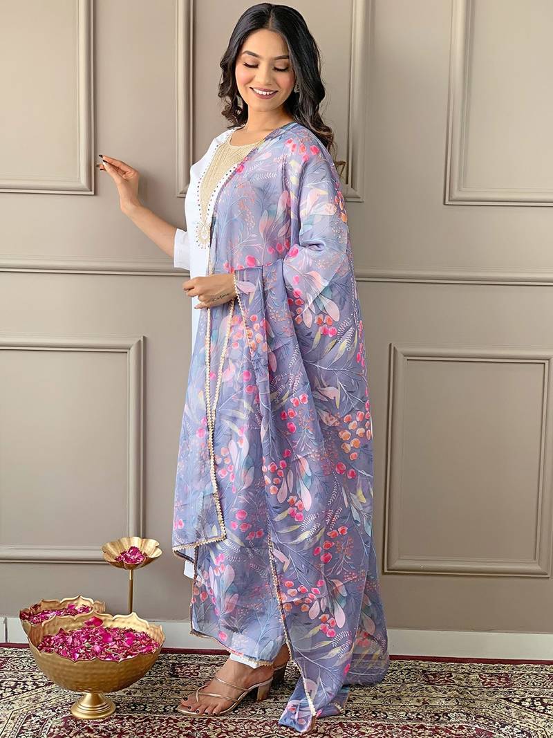 Women's Rayon Blend Embroidery Straight Kurta with Pant And Dupatta Set 