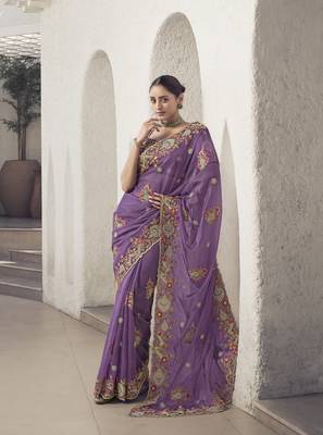 Purple Color  Codes And Sequins Fancy Fabric Wedding Wear Saree With Blouse Fabric 1