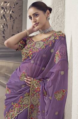 Purple Color  Codes And Sequins Fancy Fabric Wedding Wear Saree With Blouse Fabric 2