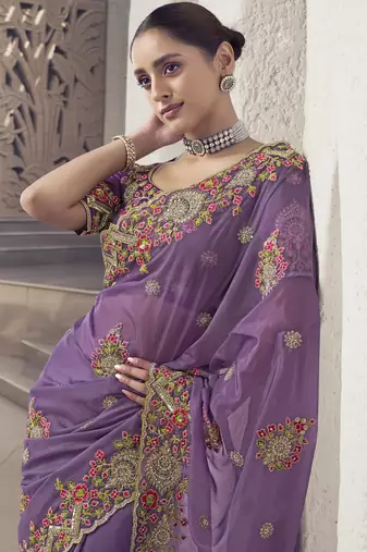 Purple Color  Codes And Sequins Fancy Fabric Wedding Wear Saree With Blouse Fabric