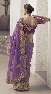 Purple Color  Codes And Sequins Fancy Fabric Wedding Wear Saree With Blouse Fabric 3