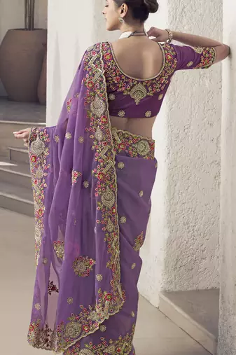 Purple Color  Codes And Sequins Fancy Fabric Wedding Wear Saree With Blouse Fabric