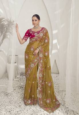 Mustard Color  Codes And Sequins Fancy Fabric Wedding Wear Saree With Blouse Fabric 1
