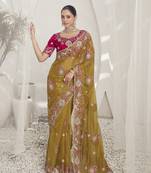 Mustard Color  Codes And Sequins Fancy Fabric Wedding Wear Saree With Blouse Fabric