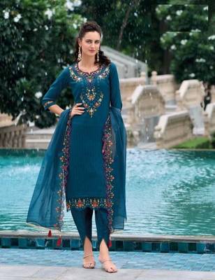 Teal hand work soft silk tulip pant suits with organza dupatta 1