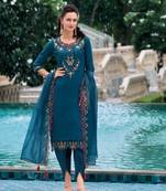 Teal hand work soft silk tulip pant suits with organza dupatta