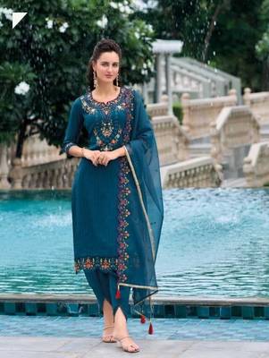 Teal hand work soft silk tulip pant suits with organza dupatta 2