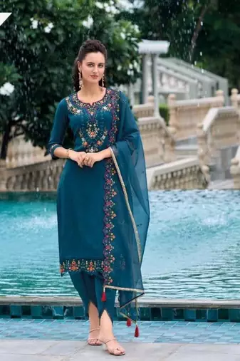 Teal hand work soft silk tulip pant suits with organza dupatta