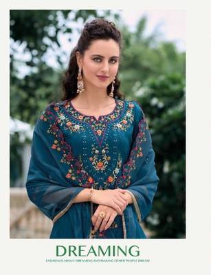 Teal hand work soft silk tulip pant suits with organza dupatta 3