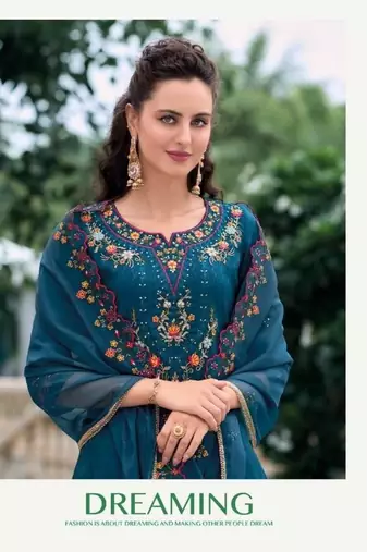Teal hand work soft silk tulip pant suits with organza dupatta