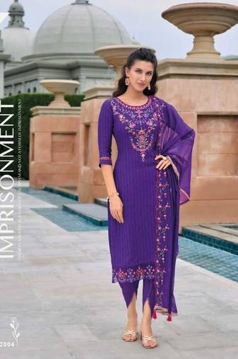 Dark purple hand work soft silk tulip pant suits with organza dupatta