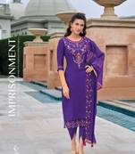 Dark purple hand work soft silk tulip pant suits with organza dupatta