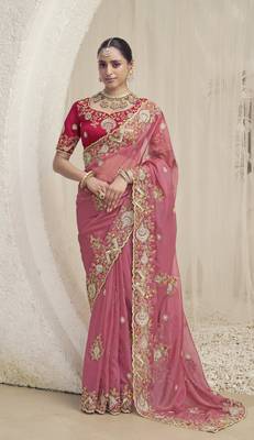 Pink Color  Codes And Sequins Fancy Fabric Wedding Wear Saree With Blouse Fabric 1