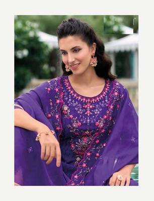 Dark purple hand work soft silk tulip pant suits with organza dupatta 2
